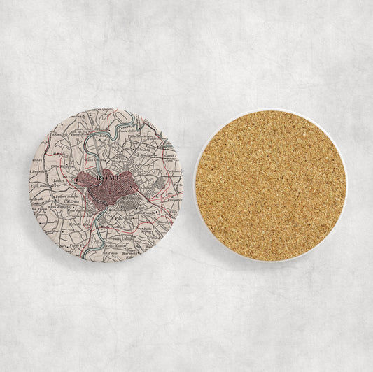 Rome Italy Map Coasters | Set of 4 Vintage Rome Italy Drink Coasters | Travel-Inspired Home Decor