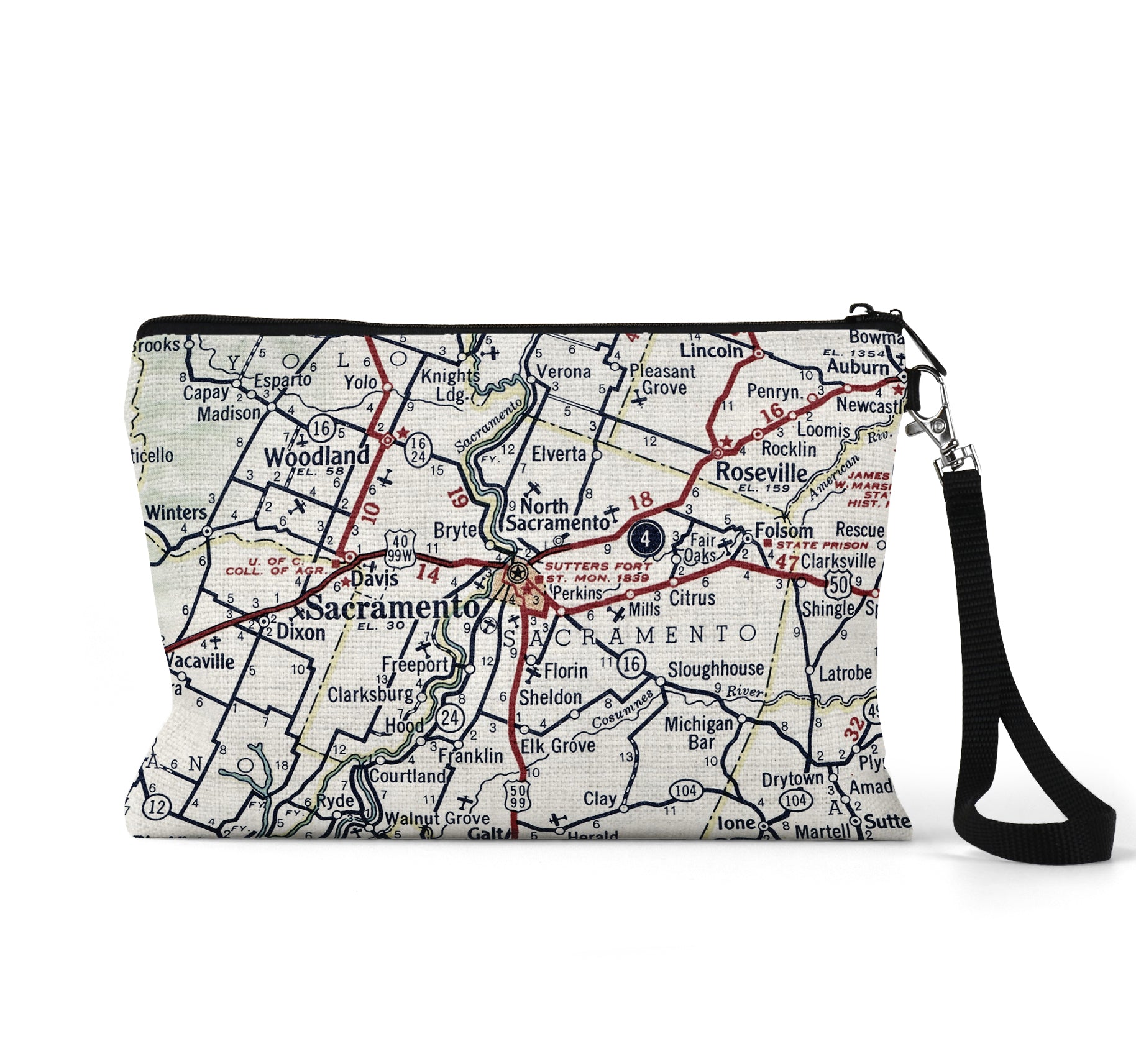 Sacramento California map wristlet travel pouch