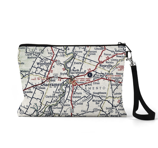 Sacramento California map wristlet travel pouch
