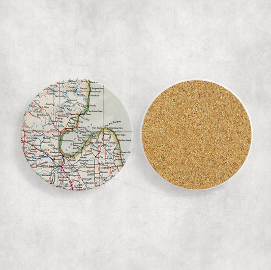 Saginaw Bay Michigan Map Coasters | Set of 4 Vintage Saginaw Bay Michigan Drink Coasters | Travel-Inspired Home Decor
