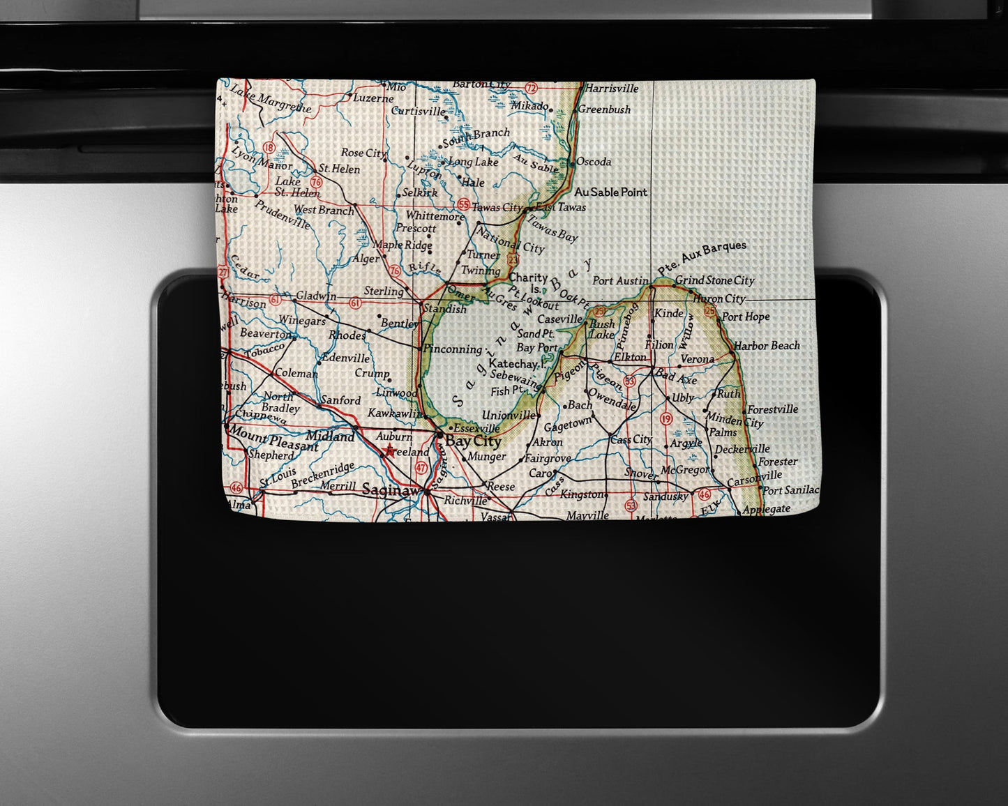 Saginaw Bay Michigan Map Tea Towel | Waffle-Weave Kitchen Towel Gift