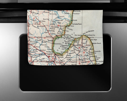 Saginaw Bay Michigan Map Tea Towel | Waffle-Weave Kitchen Towel Gift