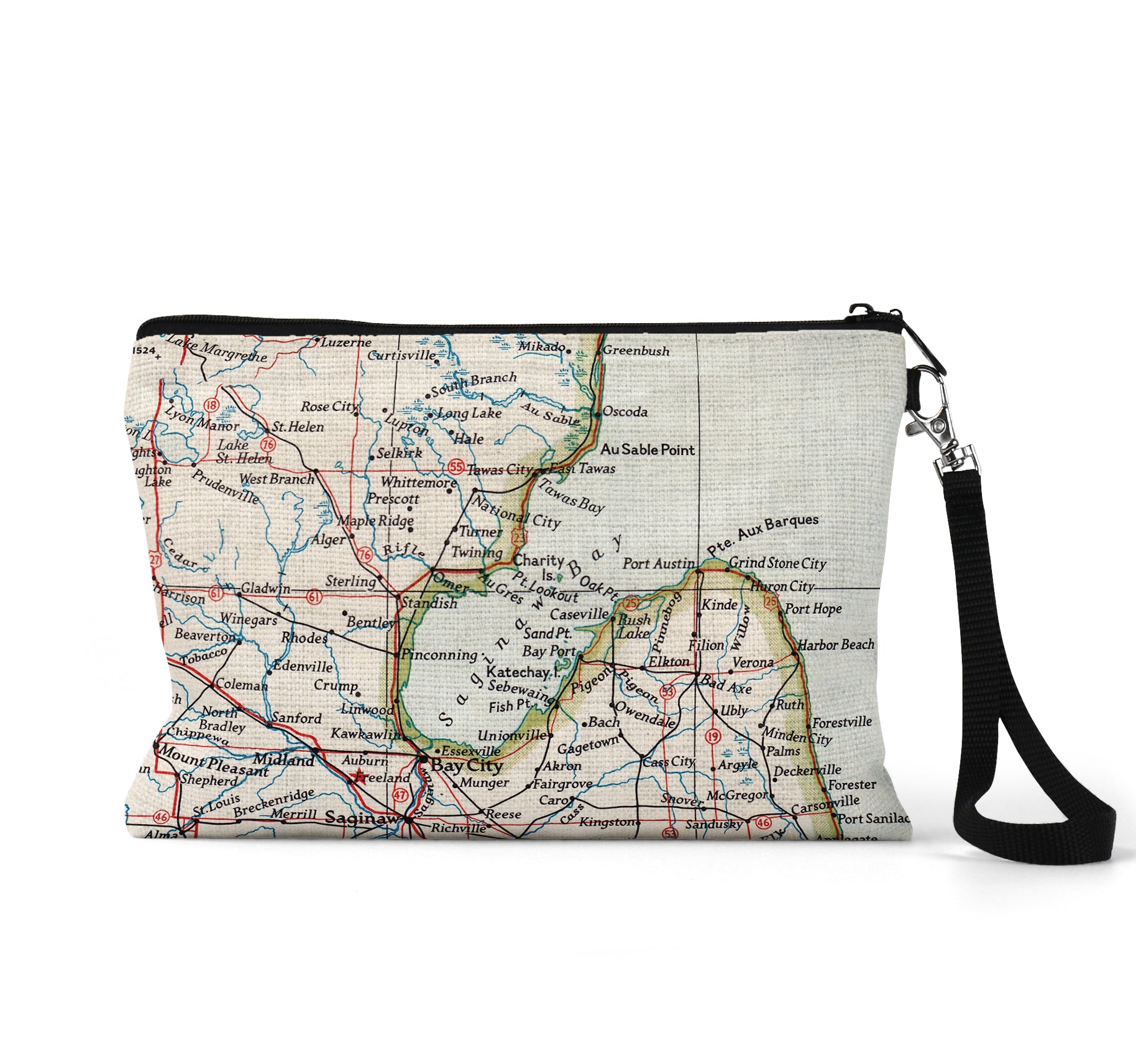 Saginaw Bay Michigan map wristlet travel pouch