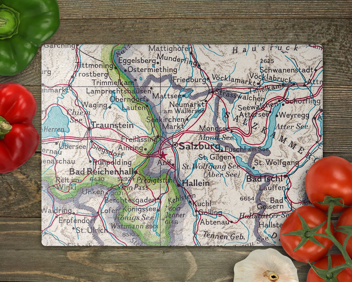 Salzburg Austria Vintage Map Glass Cutting Board | Travel Gift