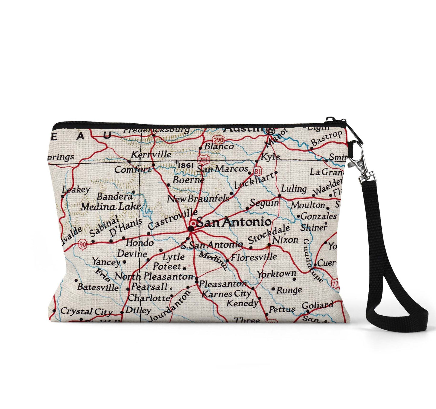 San Antonio Texas map wristlet travel pouch