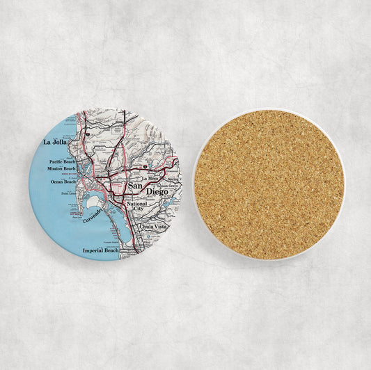 San Diego California Map Coasters | Set of 4 Vintage San Diego California Drink Coasters | Travel-Inspired Home Decor