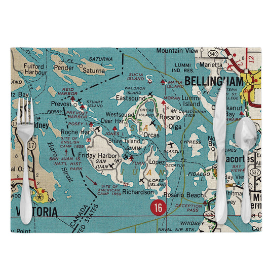 San Juan Islands Washington Vintage Map Placemats Set of 4