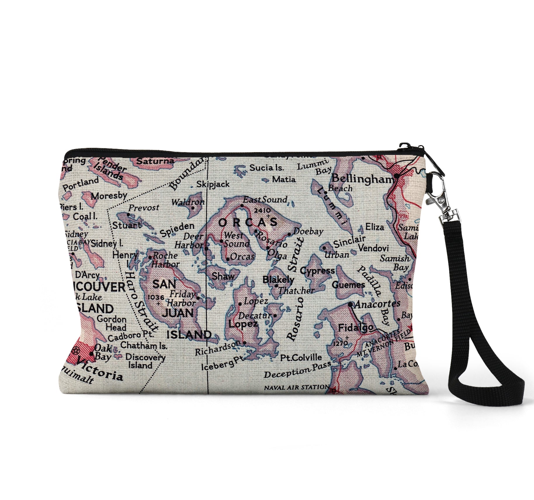 San Juan Islands Washington map wristlet travel pouch