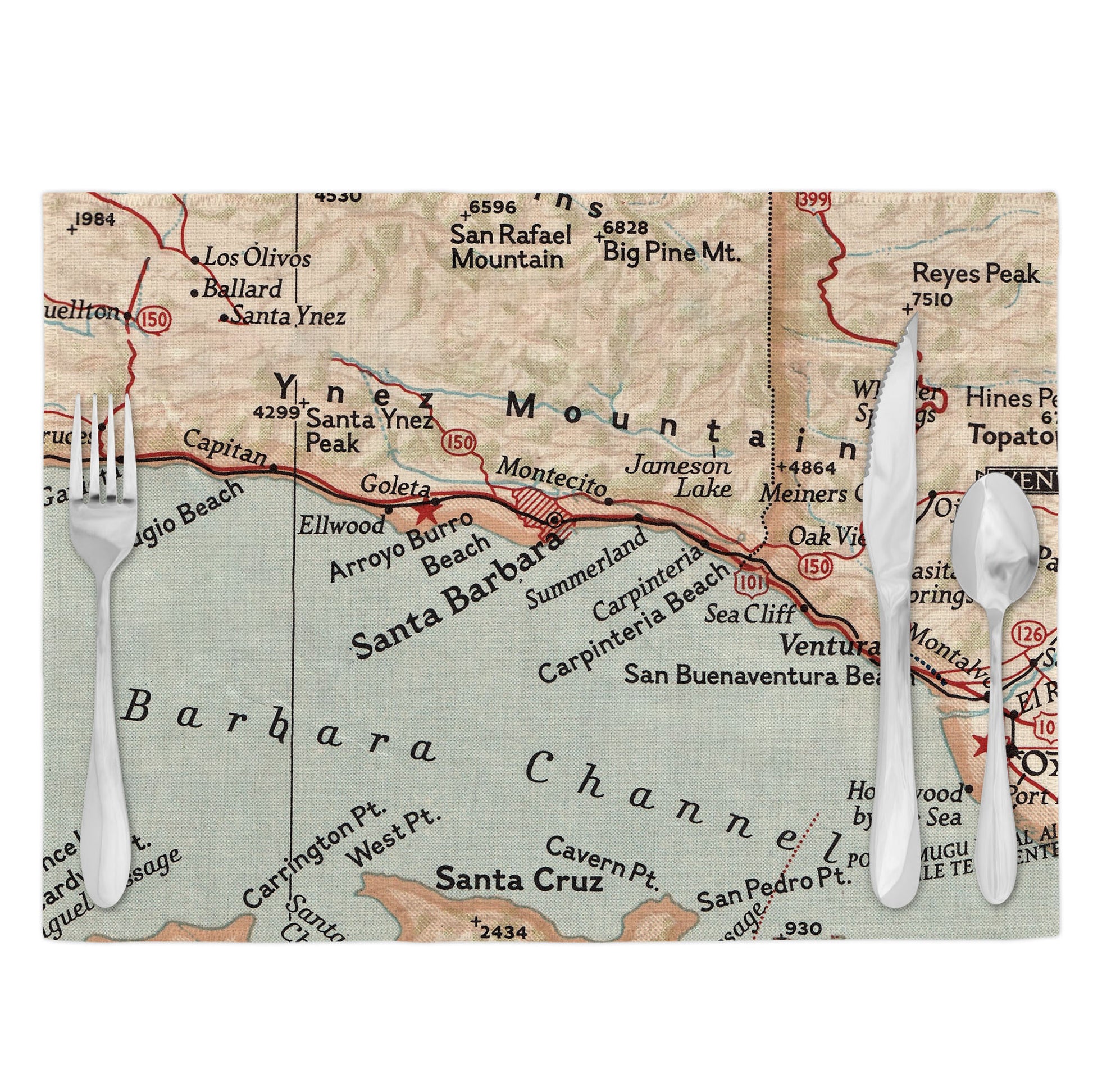 Santa Barbara California Vintage Map Placemats Set of 4