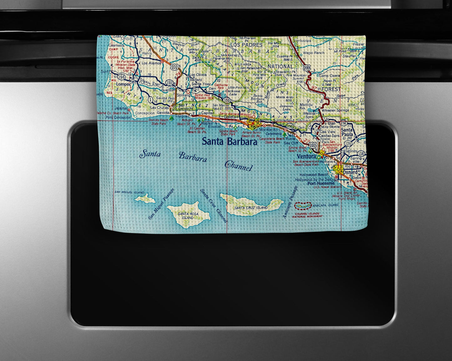 Santa Barbara California Map Tea Towel | Waffle-Weave Kitchen Towel Gift