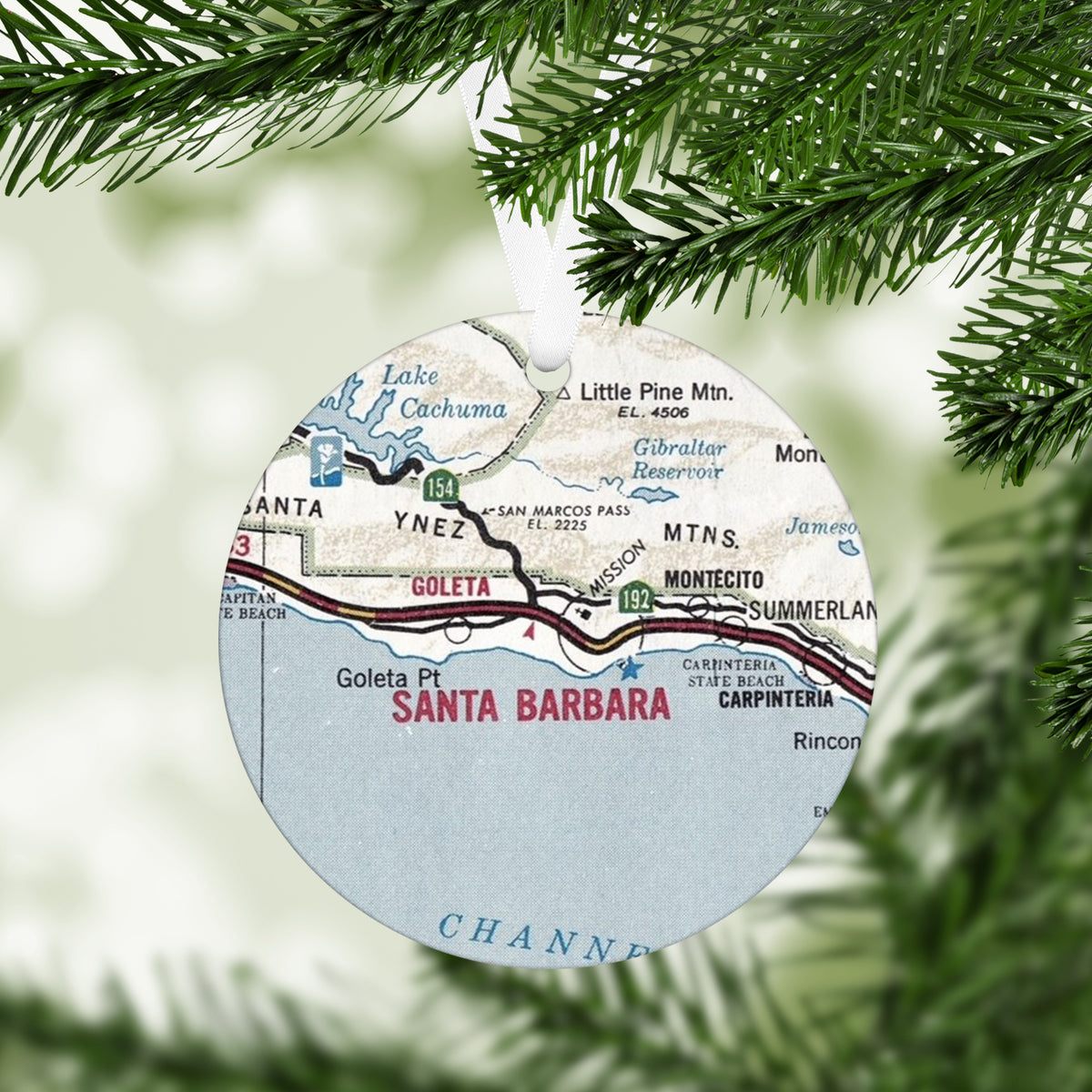 Vintage map of Santa Barbara California on a round Christmas ornament