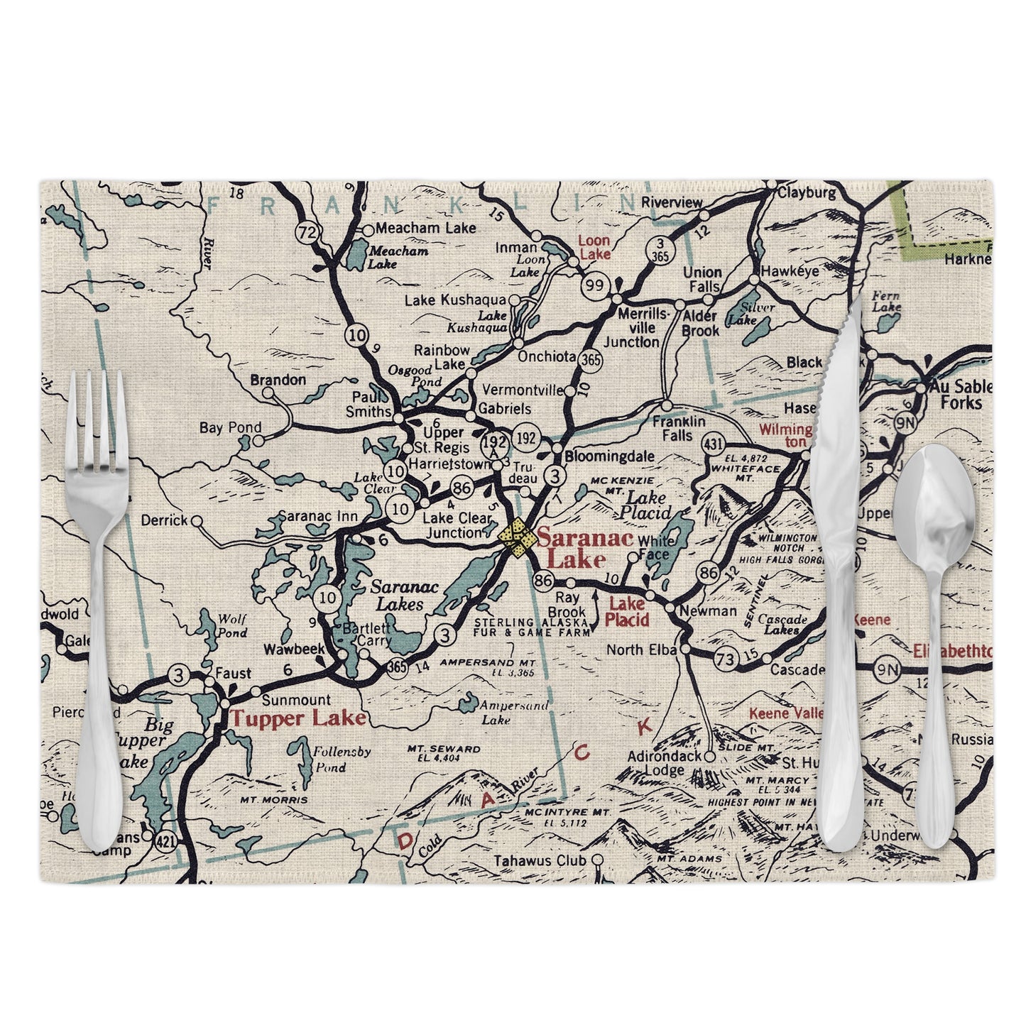 Saranac Lake New York Vintage Map Placemats Set of 4