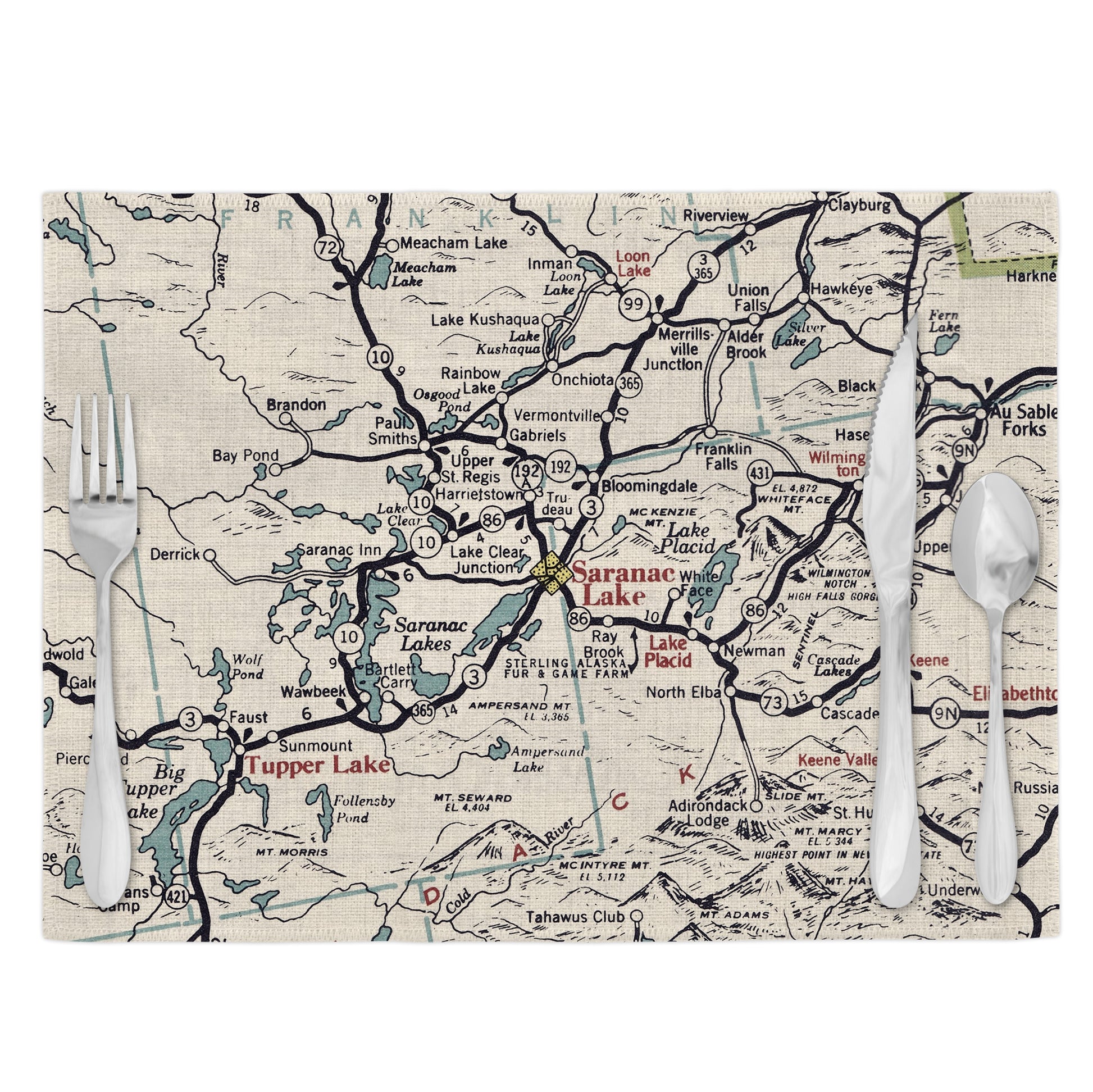 Saranac Lake New York Vintage Map Placemats Set of 4