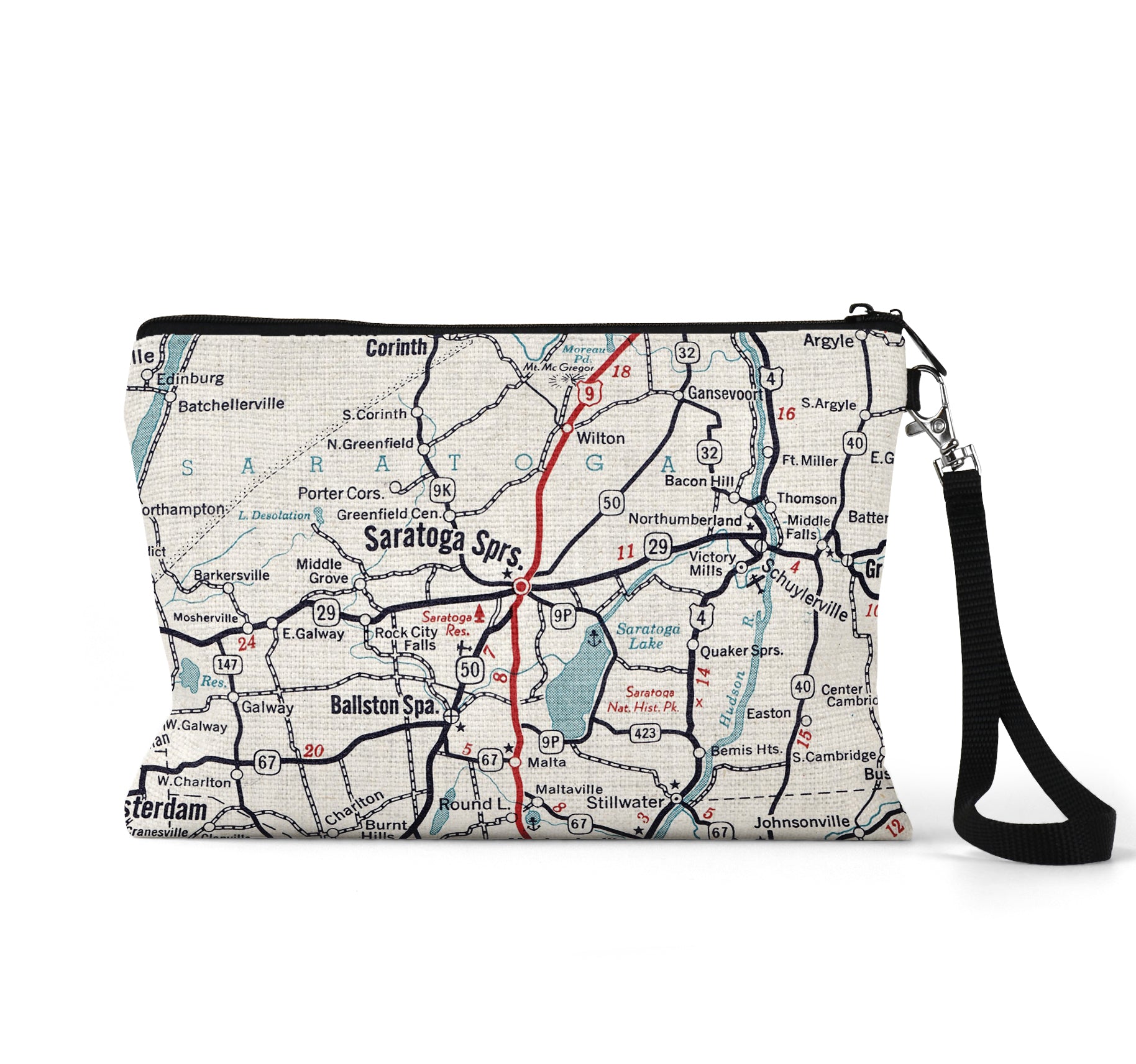 Saratoga Springs New York map wristlet travel pouch