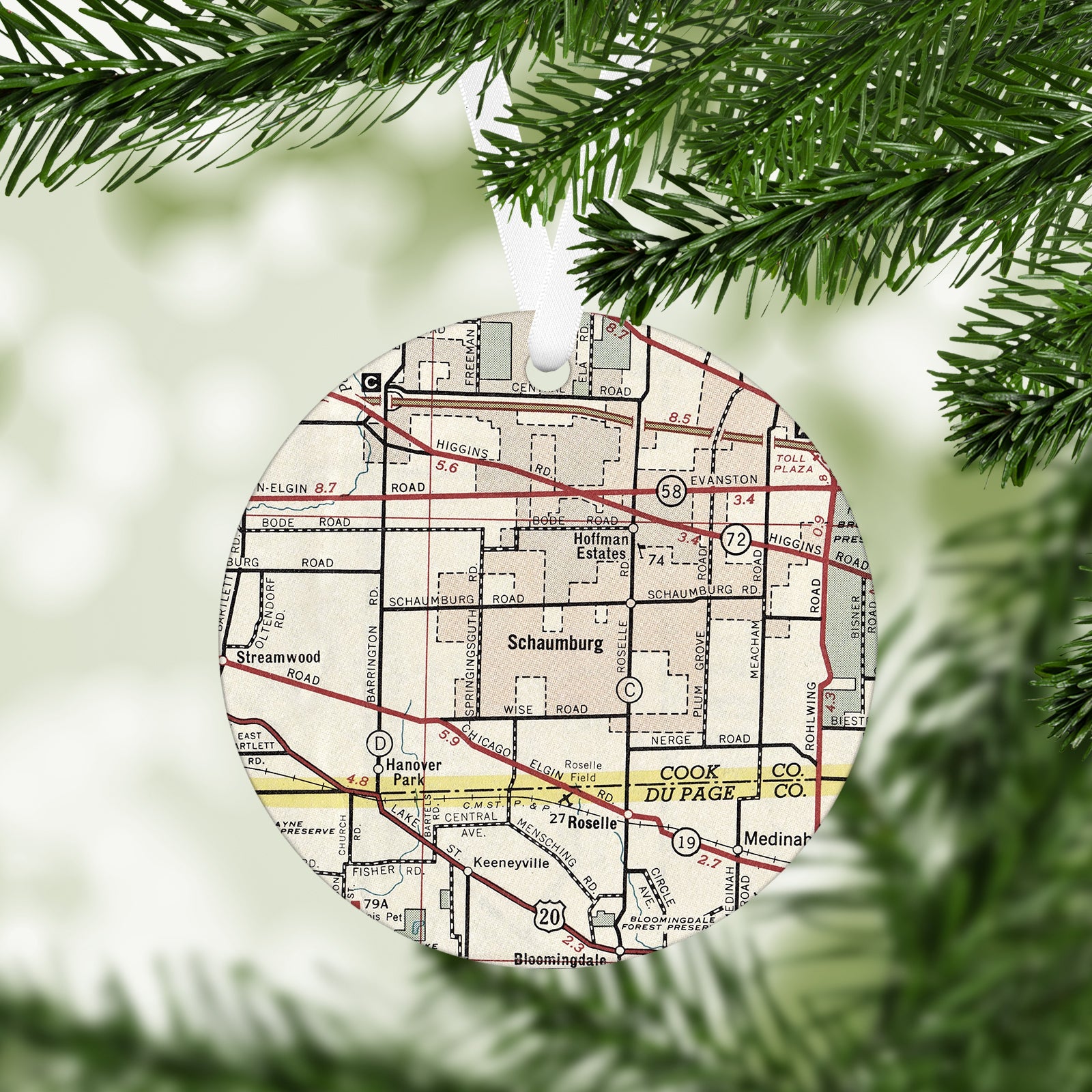 Schaumburg Illinois Vintage Map Ornament
