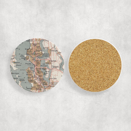 Seattle Washington Map Coasters | Set of 4 Vintage Seattle Washington Drink Coasters | Travel-Inspired Home Decor