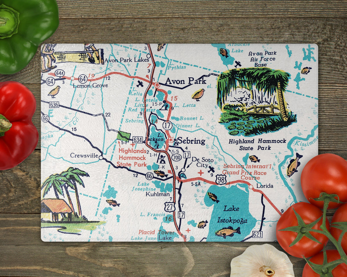 Sebring Florida Vintage Map Glass Cutting Board
