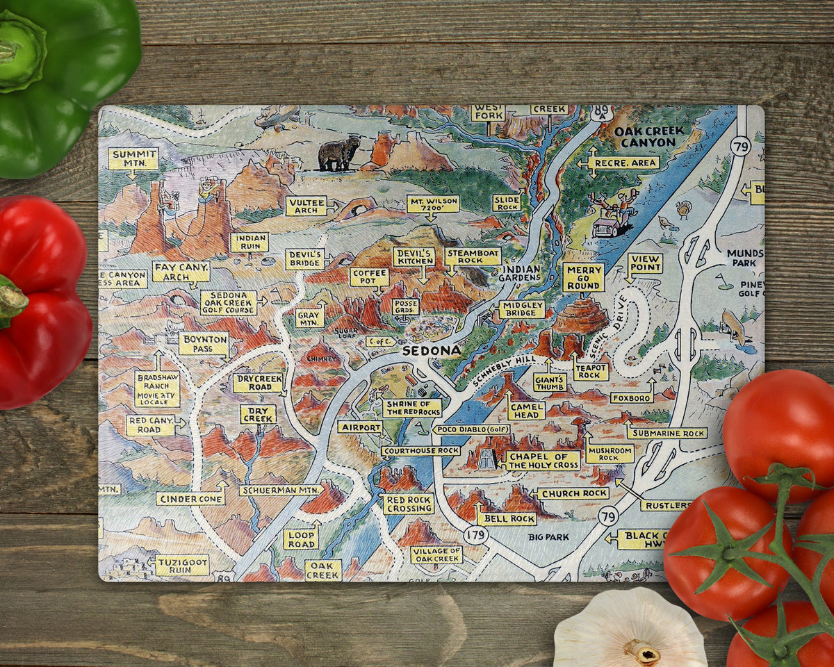 Sedona Arizona Vintage Map Glass Cutting Board