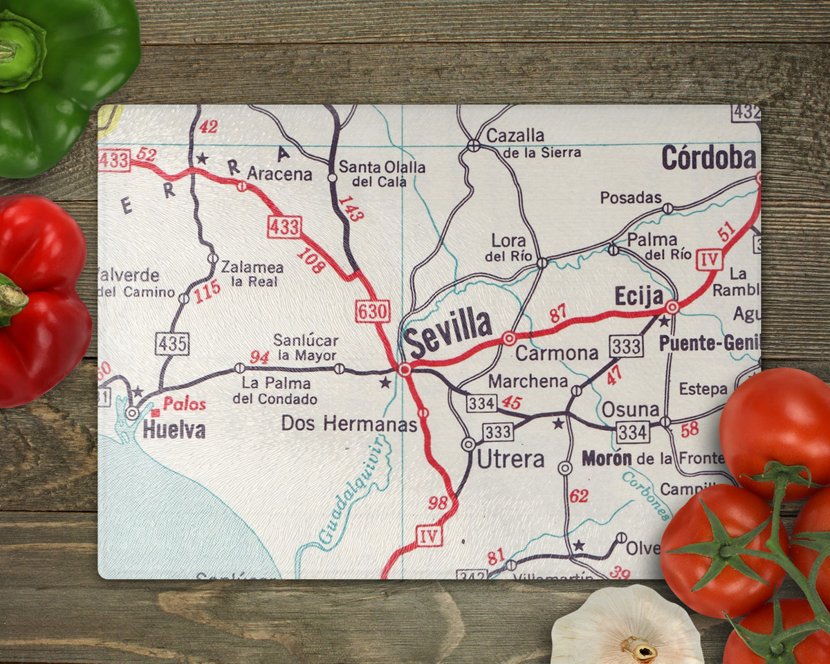 Seville Spain vintage map glass cutting board