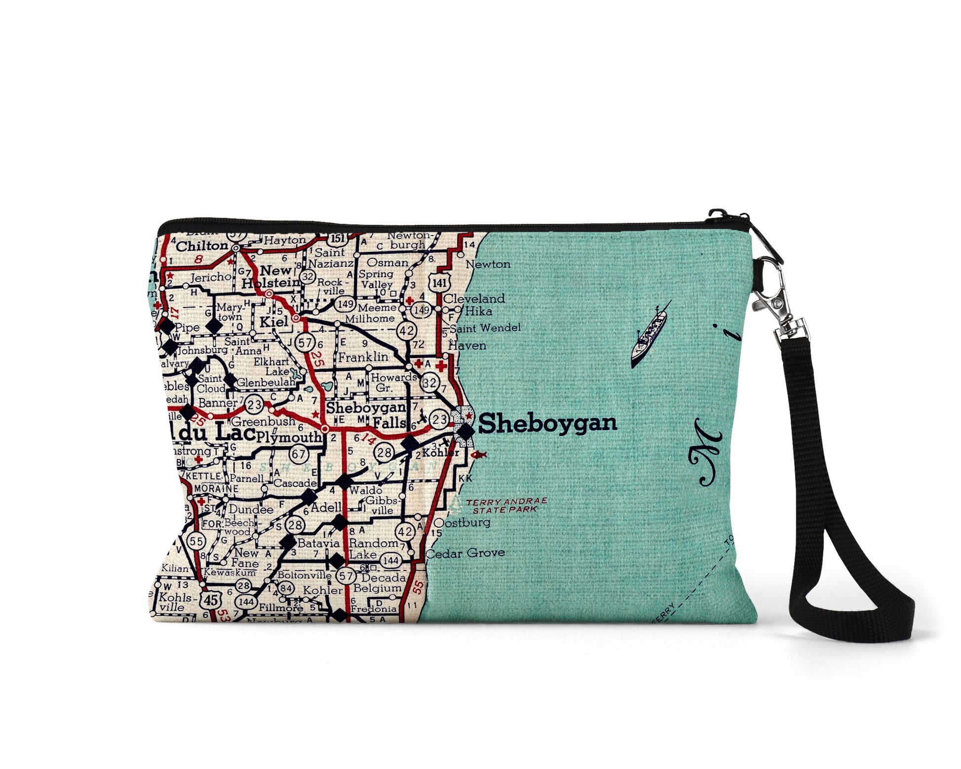 Sheboygan Wisconsin map wristlet travel pouch