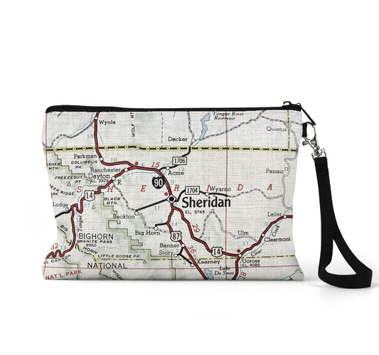 Sheridan Wyoming map wristlet travel pouch