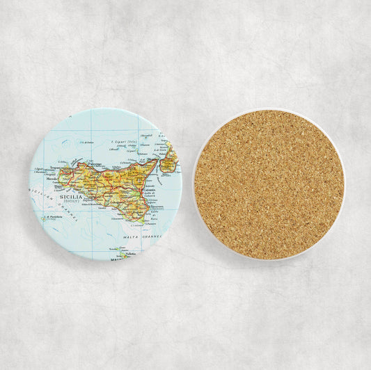 Sicily Map Coasters | Set of 4 Vintage Sicily Drink Coasters | Travel-Inspired Home Decor