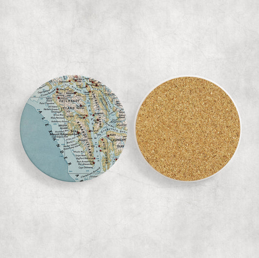 Sitka Alaska Map Coasters | Set of 4 Vintage Sitka Alaska Drink Coasters | Travel-Inspired Home Decor