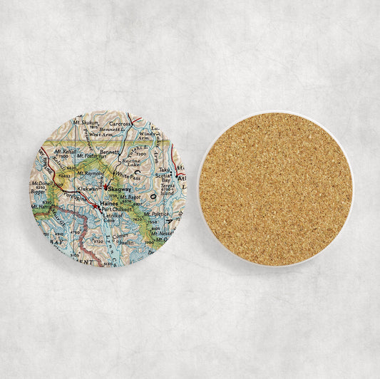 Skagway Alaska vintage map ceramic coaster with cork backing