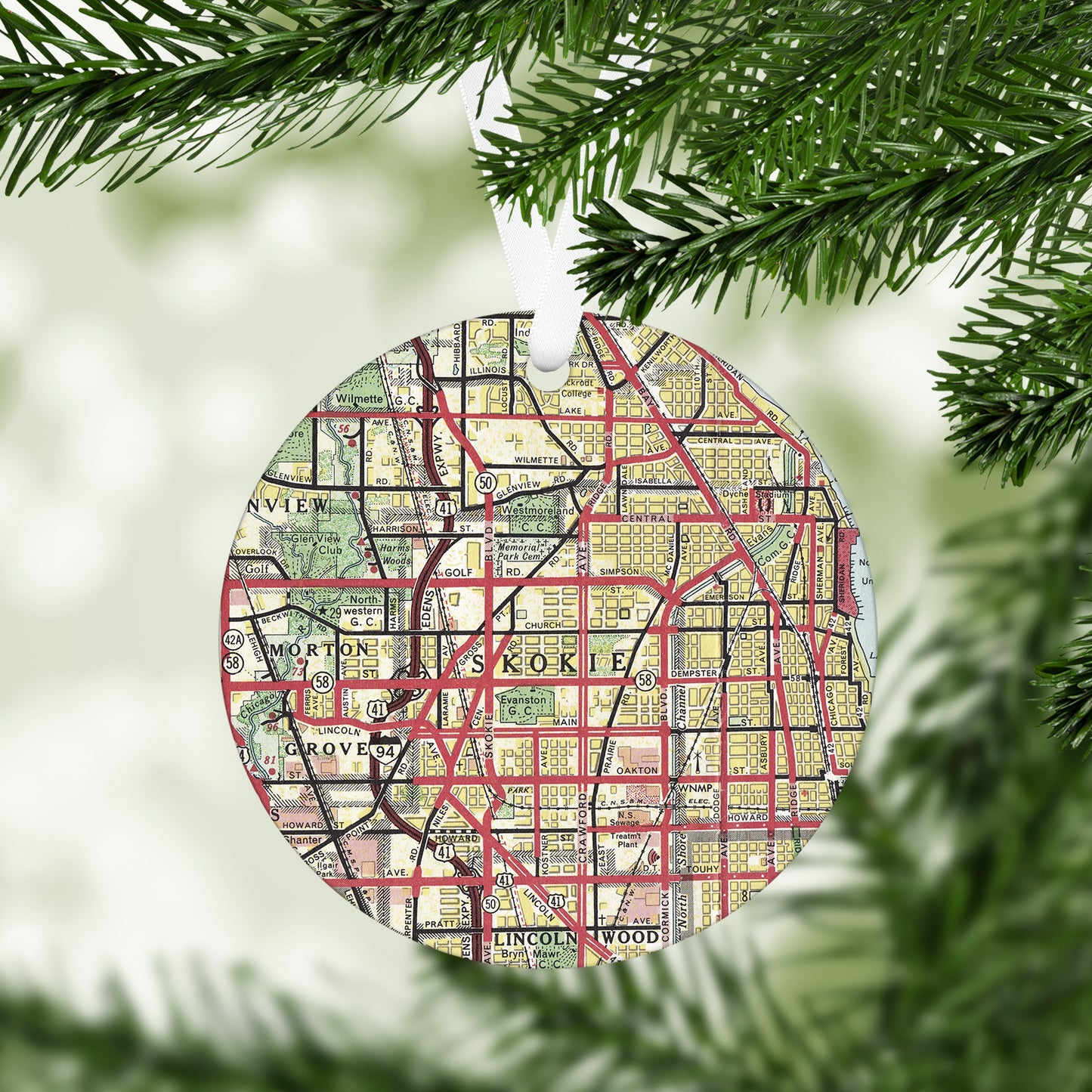 Skokie Illinois Vintage Map Ornament