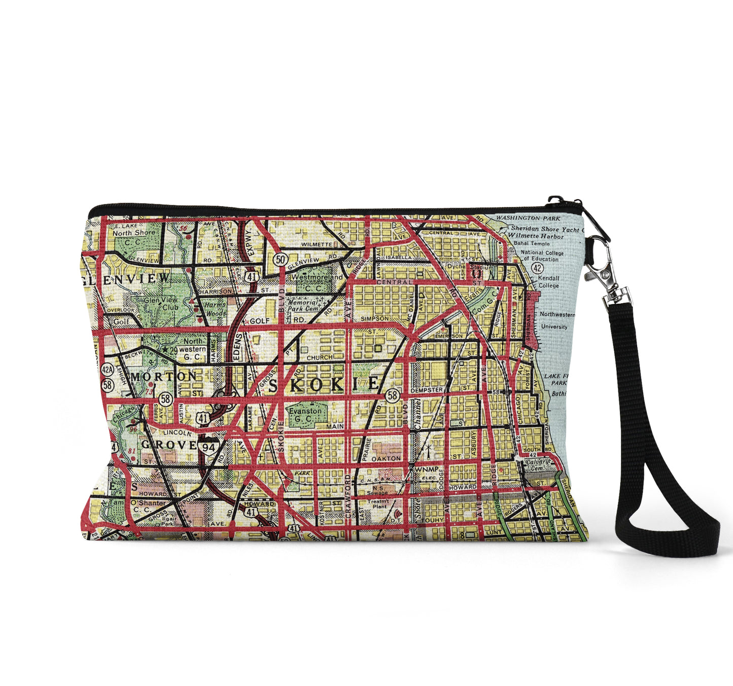 Skokie Illinois map wristlet travel pouch