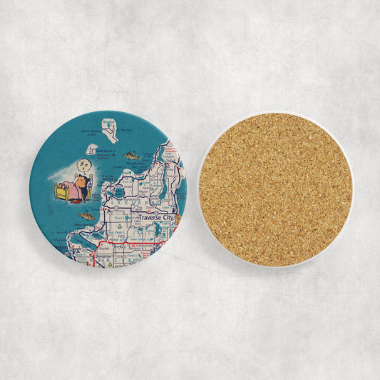 Sleeping Bear Dunes Michigan Map Coasters | Set of 4 Vintage Sleeping Bear Dunes Michigan Drink Coasters | Travel-Inspired Home Decor