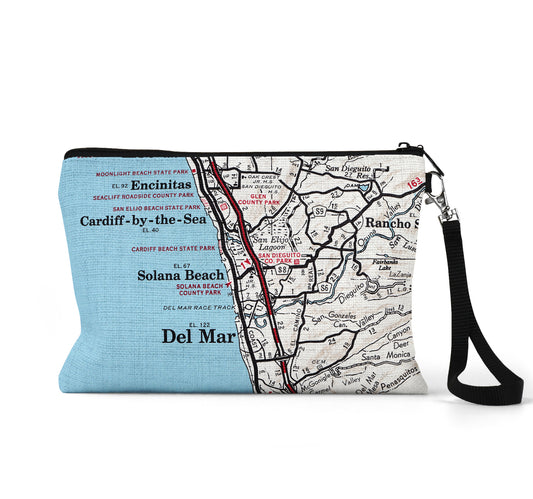 Solana Beach California map wristlet travel pouch
