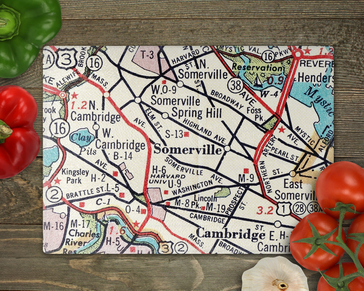 Somerville Massachusetts Vintage Map Glass Cutting Board