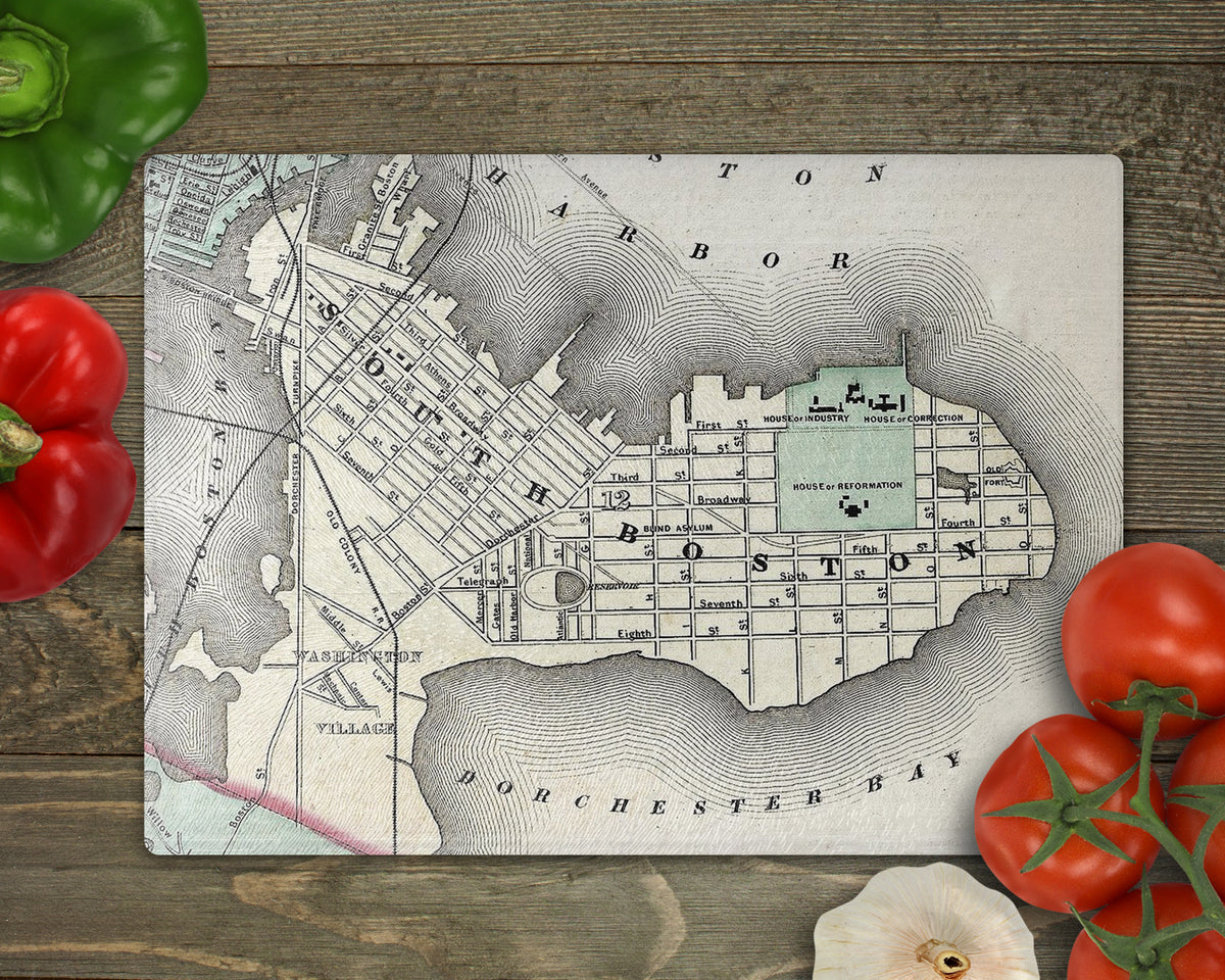 South Boston Massachusetts Vintage Map Glass Cutting Board