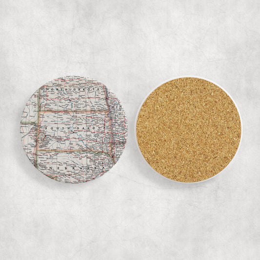 South Dakota Map Coasters | Set of 4 Vintage South Dakota Drink Coasters | Travel-Inspired Home Decor