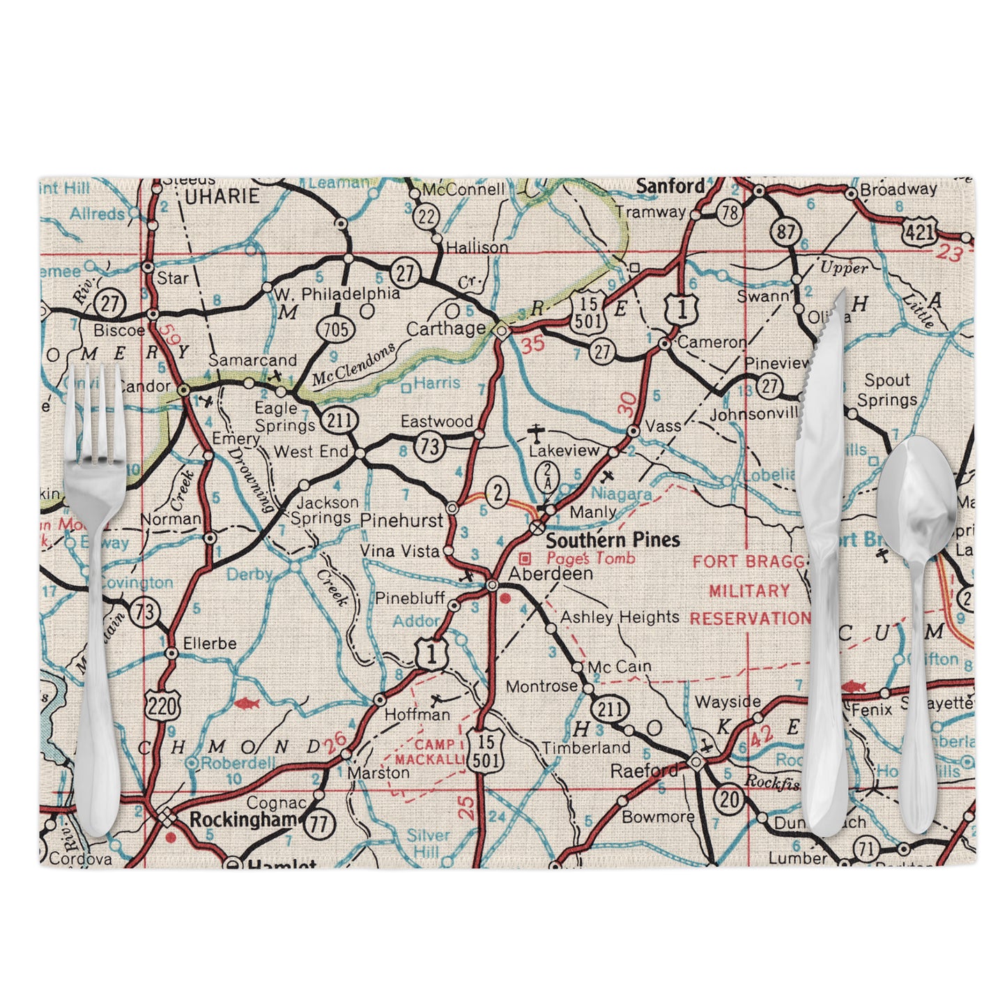 Southern Pines North Carolina Vintage Map Placemats Set of 4