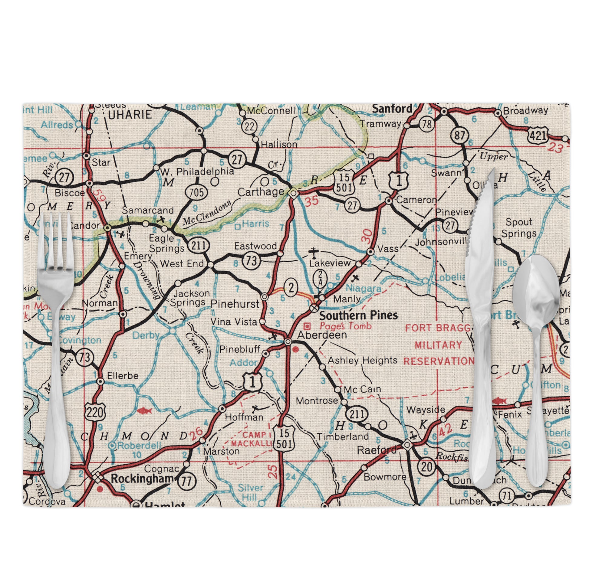 Southern Pines North Carolina Vintage Map Placemats Set of 4
