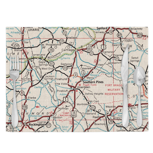 Southern Pines North Carolina Vintage Map Placemats Set of 4