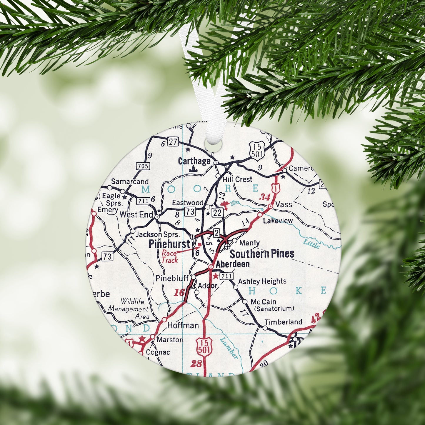 Southern Pines North Carolina Vintage Map Ornament