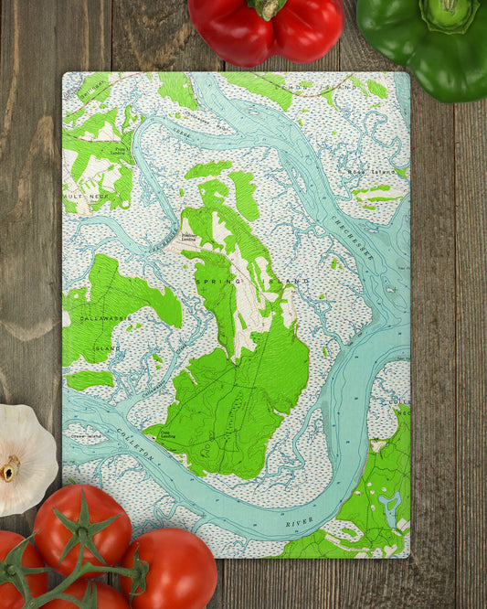Spring Island South Carolina Vintage Map Glass Cutting Board