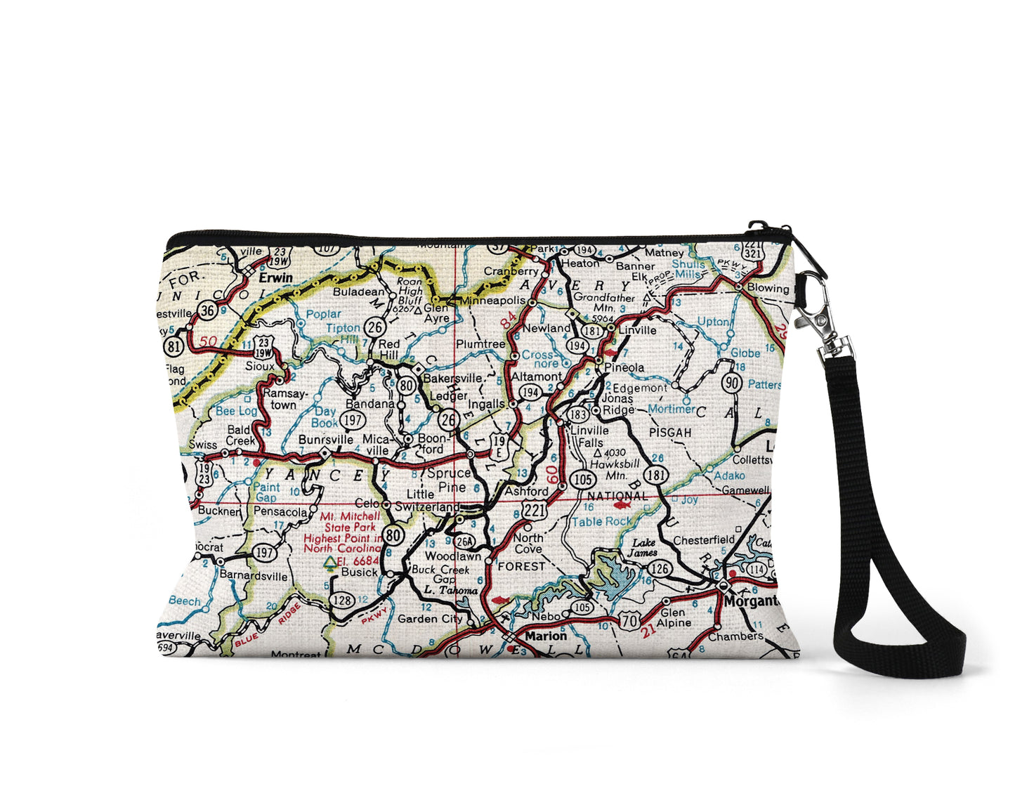 Spruce Pine North Carolina map wristlet travel pouch