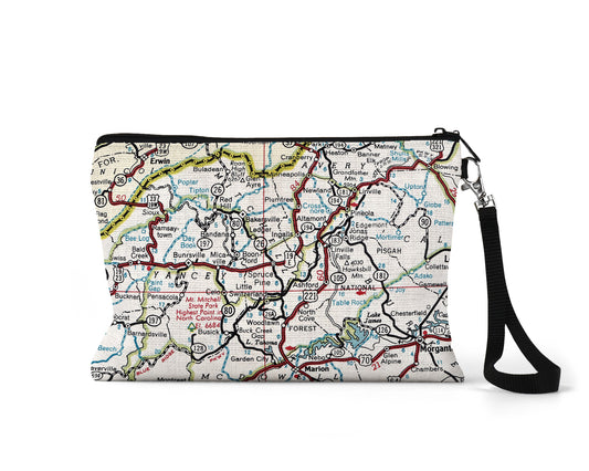 Spruce Pine North Carolina map wristlet travel pouch