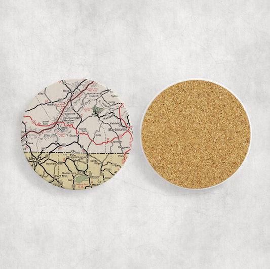 Stuart Virginia Map Coasters | Set of 4 Vintage Stuart Virginia Drink Coasters | Travel-Inspired Home Decor