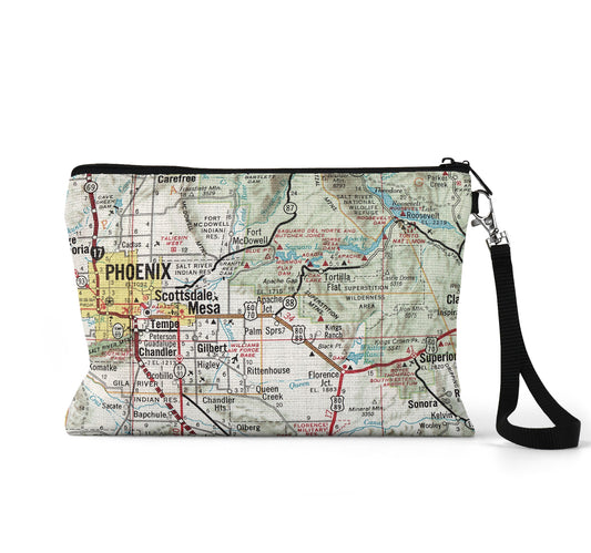 Superstition Mountains Arizona map wristlet travel pouch