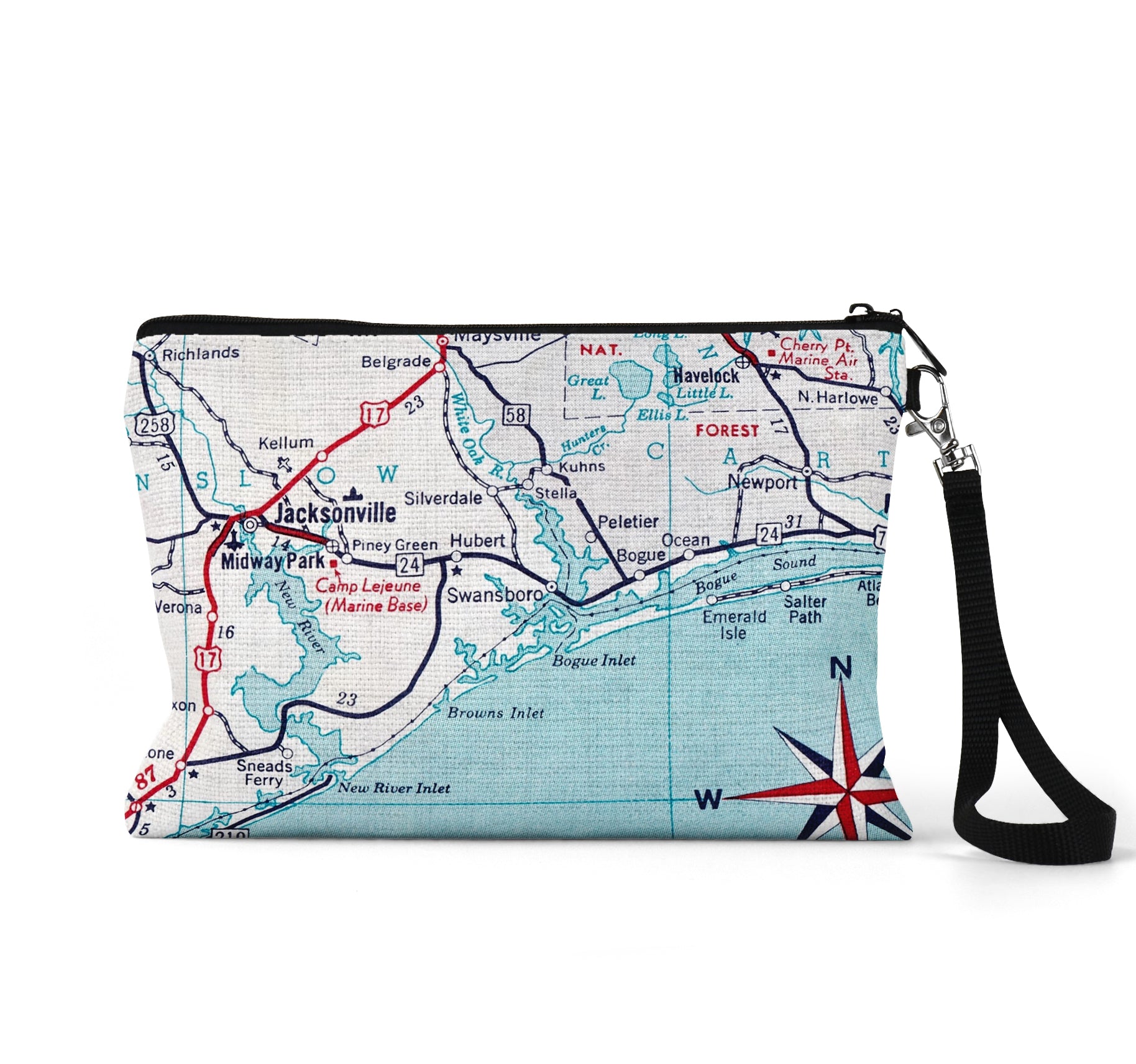 Swansboro North Carolina map wristlet travel pouch