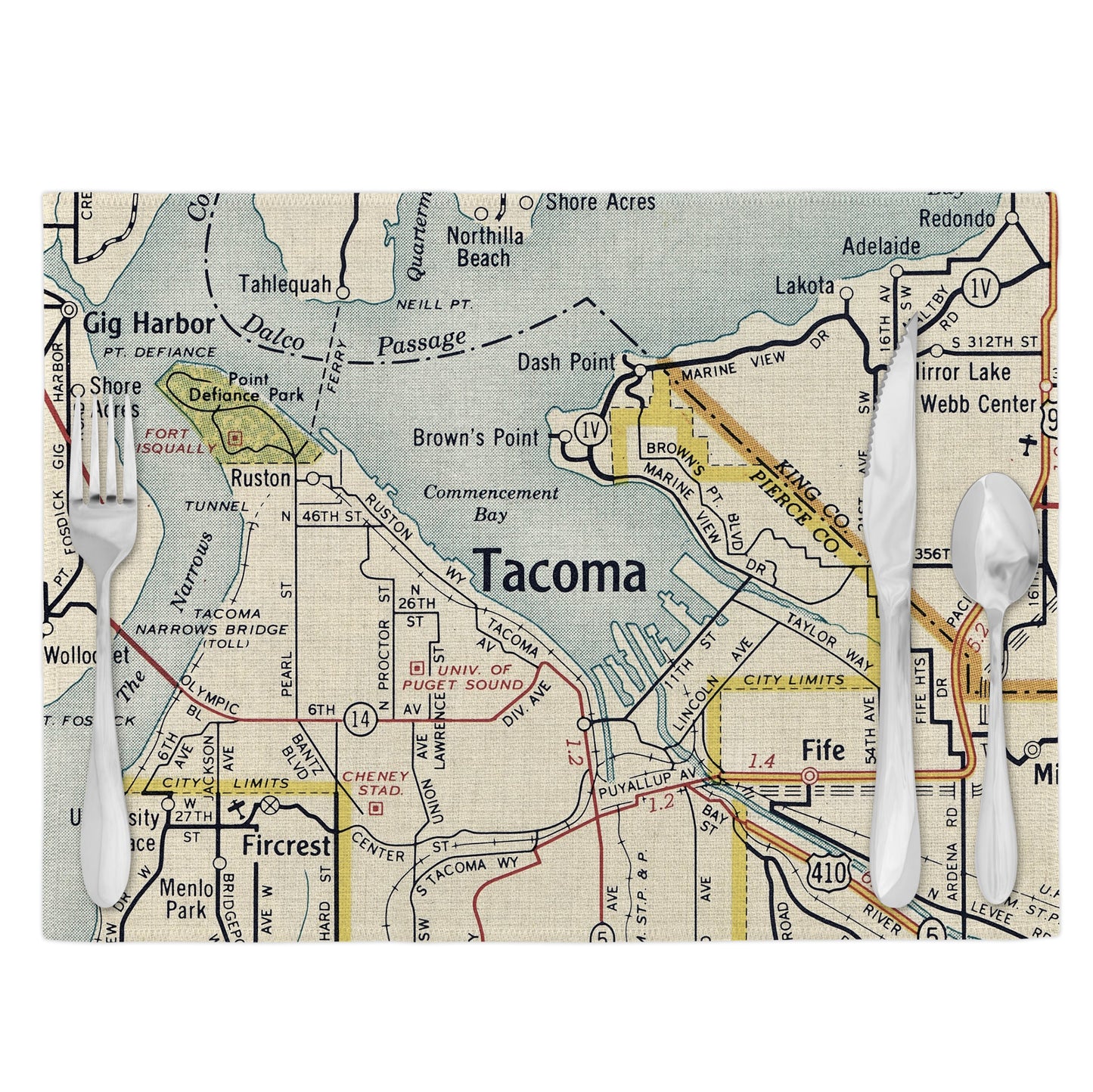 Tacoma Washington Vintage Map Placemats Set of 4
