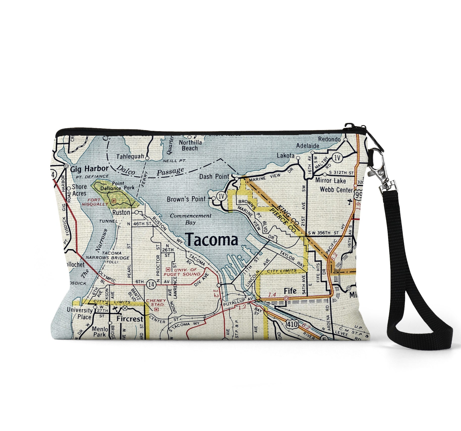 Tacoma Washington map wristlet travel pouch