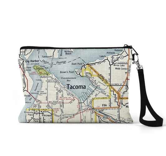 Tacoma Washington map wristlet travel pouch