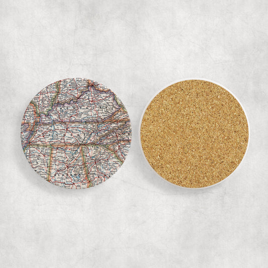 Tennessee Map Coasters | Set of 4 Vintage Tennessee Drink Coasters | Travel-Inspired Home Decor