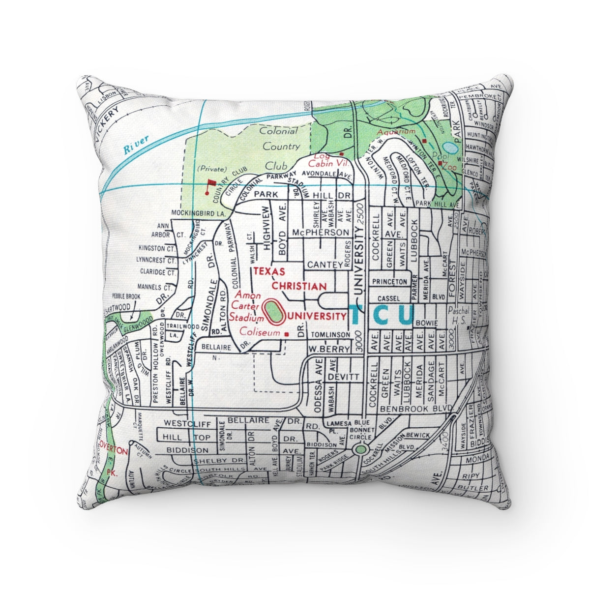 Texas Christian University vintage map pillow